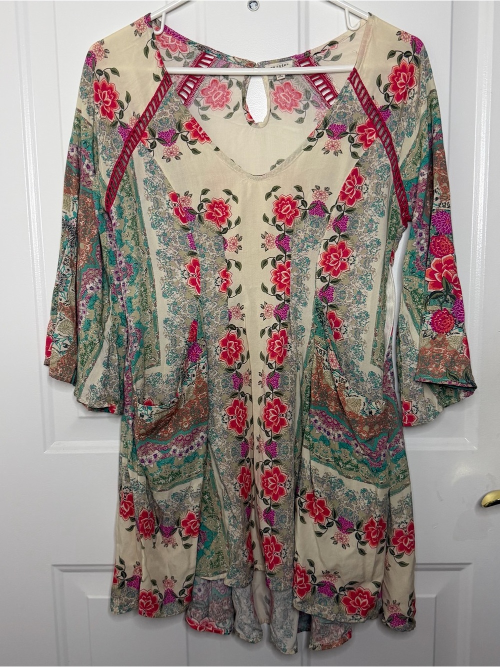 Boho Floral V-Neck Tunic Top - Cream with Pink & Teal Accents